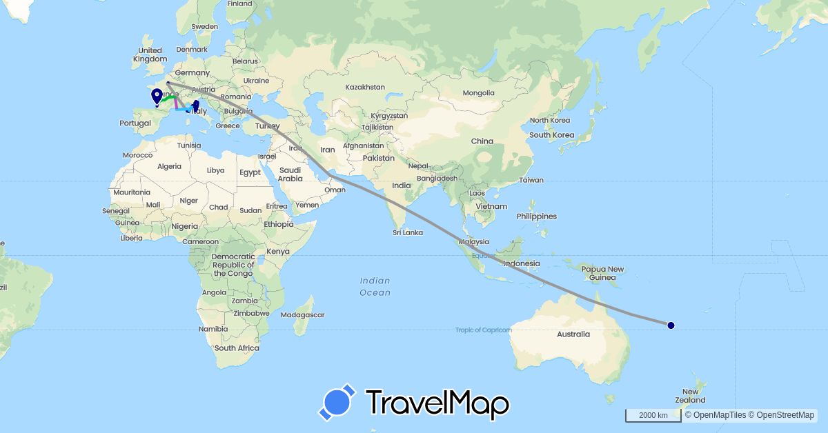 TravelMap itinerary: driving, bus, plane, train, boat in United Arab Emirates, France, Italy, Malaysia, Singapore (Asia, Europe)